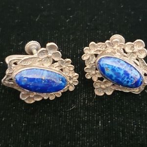 Sterling Floral Lapis Glass Screw Back Earrings